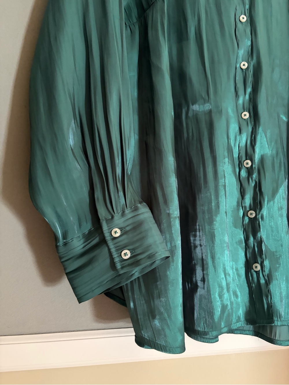 Button-Front Satin Blouse in Teal - Picture 2 of 13